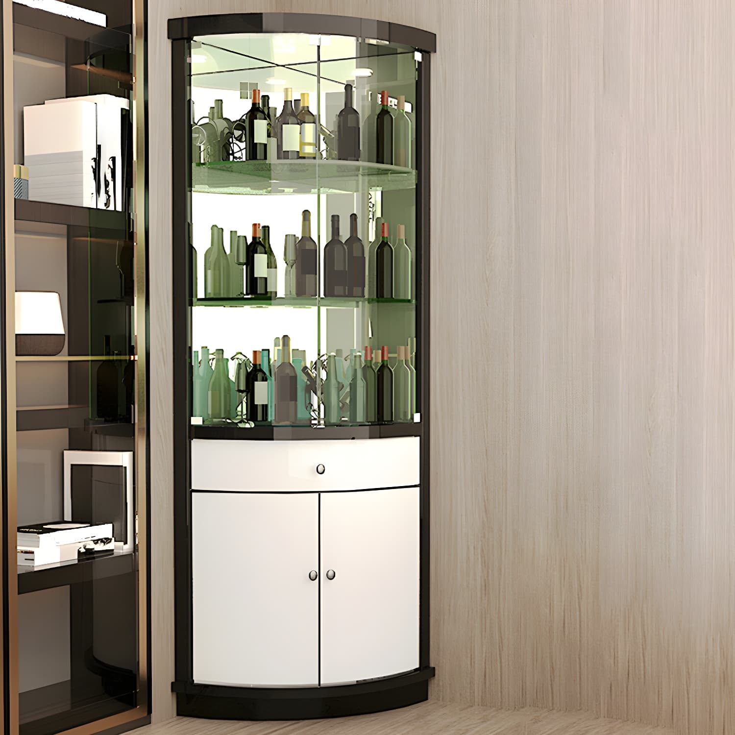 Circular Corner Glass Accent Cabinet with Clear Glass Doors and 3 Shelves thumbnail 4