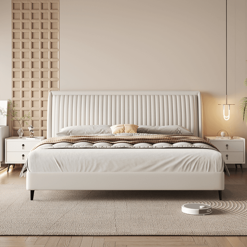 Solid Color Timber Frame Cabinet Bed/Platform Bed with Genuine Leather Headboard for Bedroom thumbnail 2