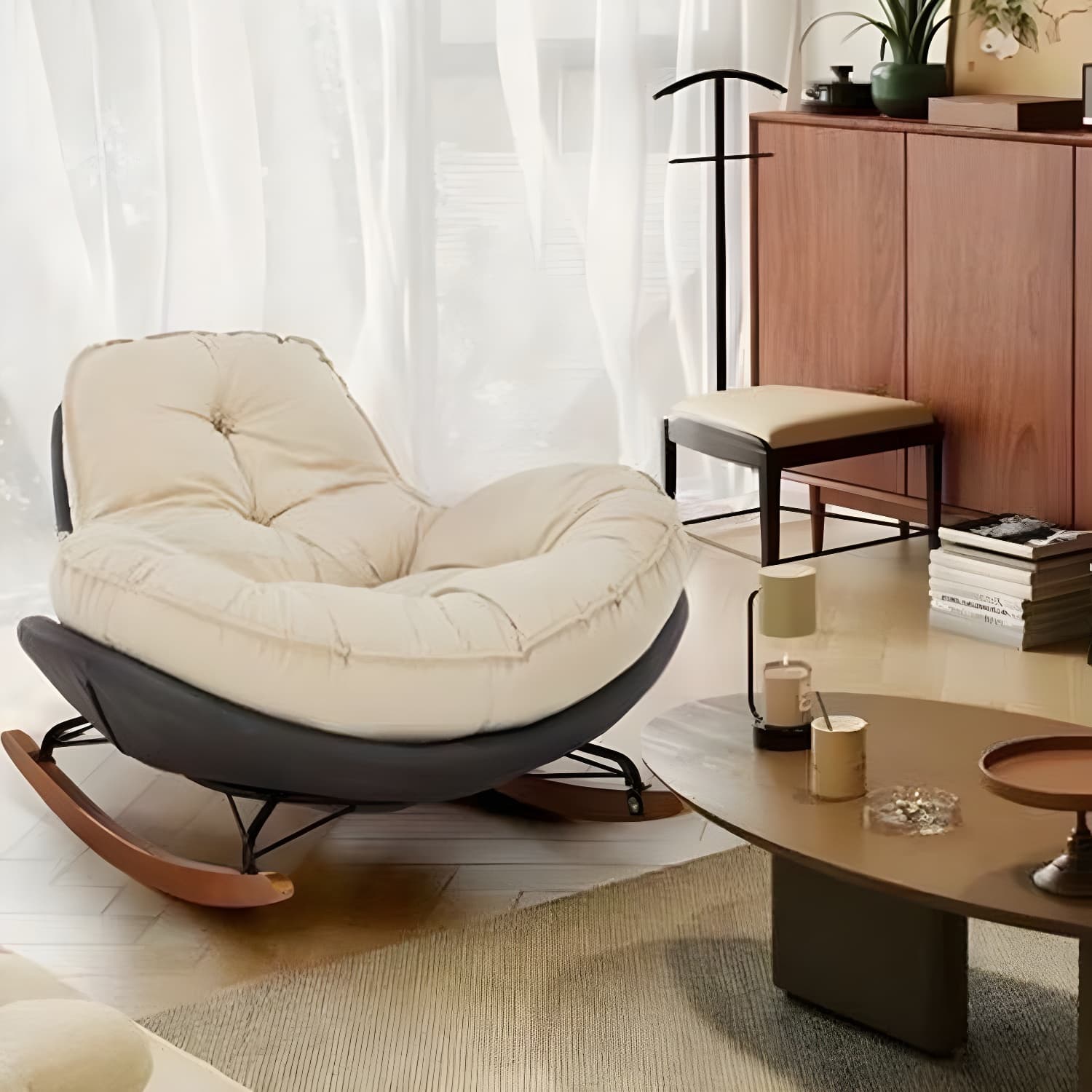 Modern Rocking Chair with Metal Frame and lint Upholstered, Solid Wood Legs and Armless Design - image 9