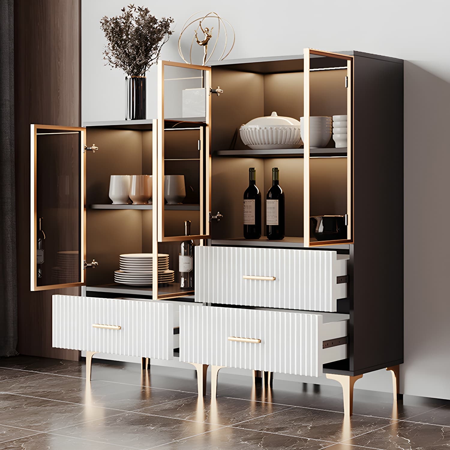 Contemporary Sideboard Cabinet for Dining Room with Glass Doors & Drawers Included thumbnail 6