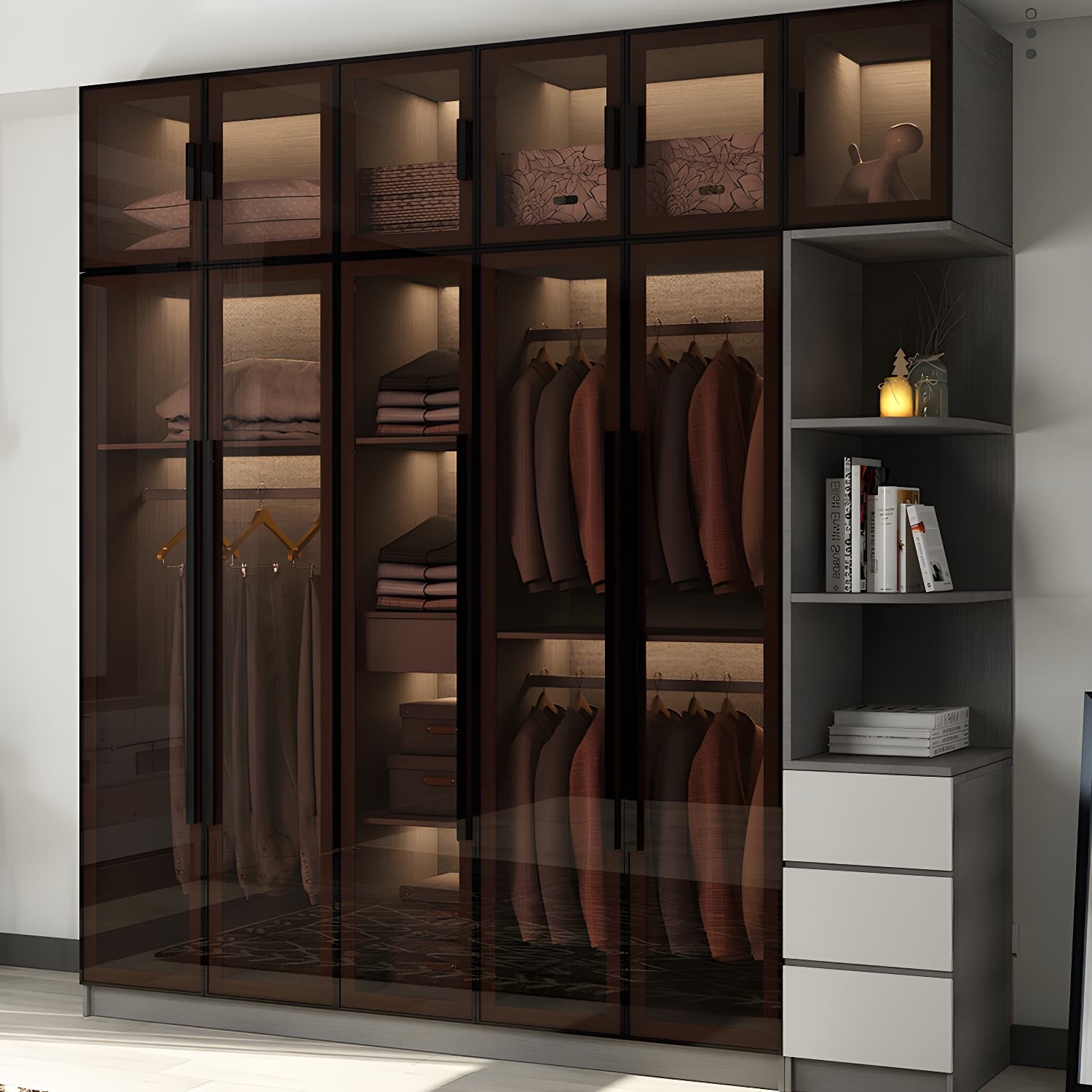 Modern Glass Hinged Doors Wardrobe Armoire Wood Frame Wardrobe with Shelves without Light thumbnail 3