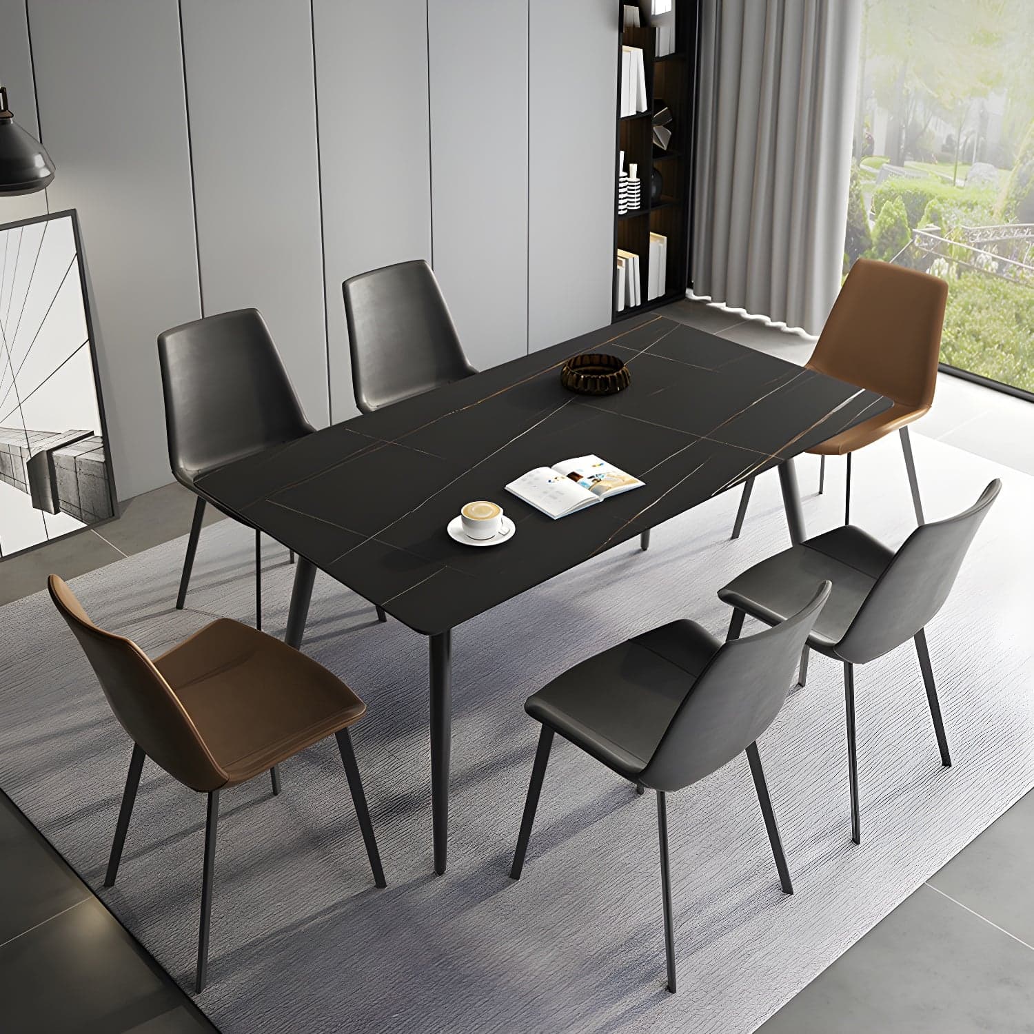 Stone Top Dining Table Rectangle Modern Dining Table with 4 Black Legs thumbnail 1