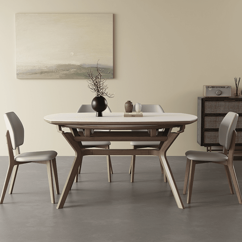 Minimalist Rounded Slate Dining Table Set with 4 Legs, Fold-away Leaf, and Light Gray/White Finish thumbnail 5