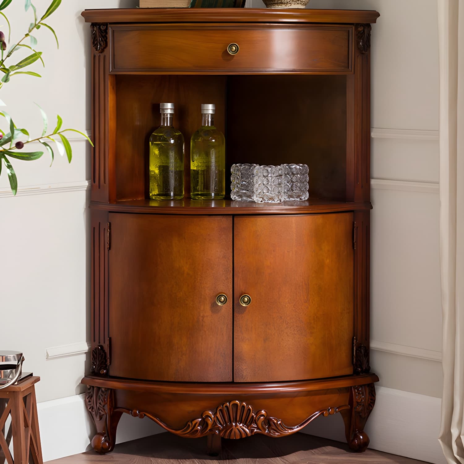 Mid-century Modern Brown Corner Cabinet, Wooden Accent Cabinet with Shelves thumbnail 15