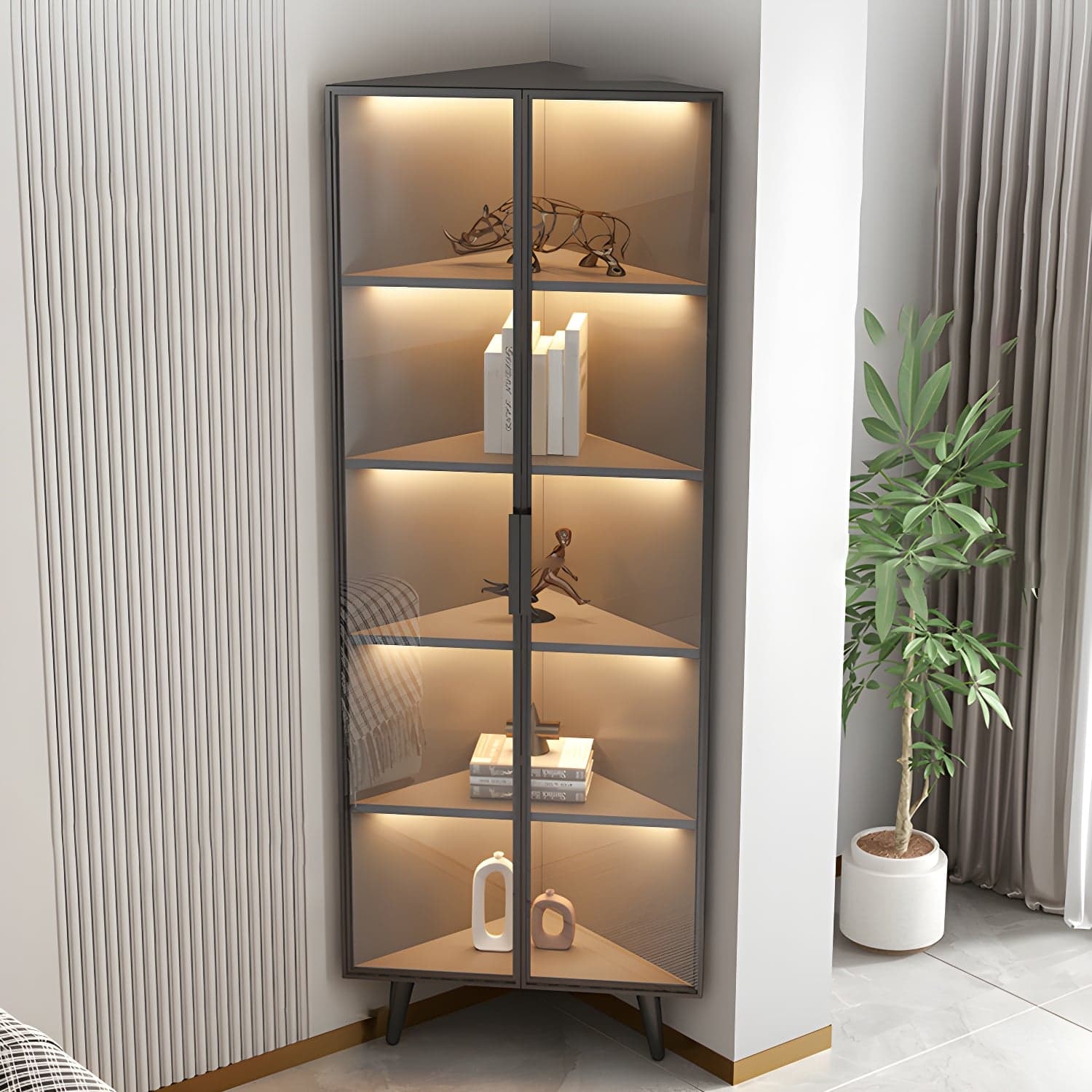 Corner Modern Accent Cabinet with Black Metal Base and Glass Doors, Black Wood Counter Top