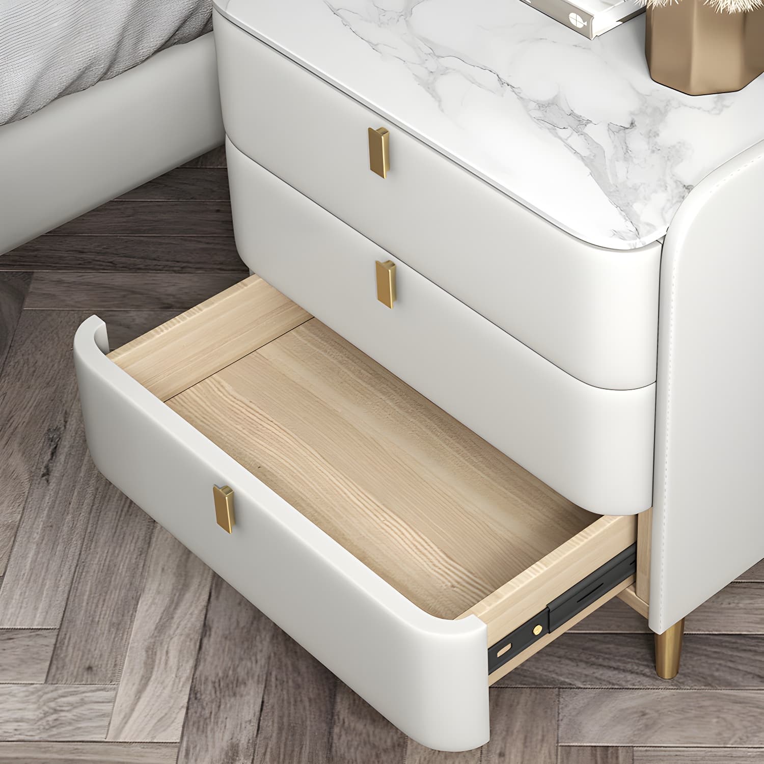 Stone Top Nightstand 3-drawer Leather Night Table with 4 Legs thumbnail 17