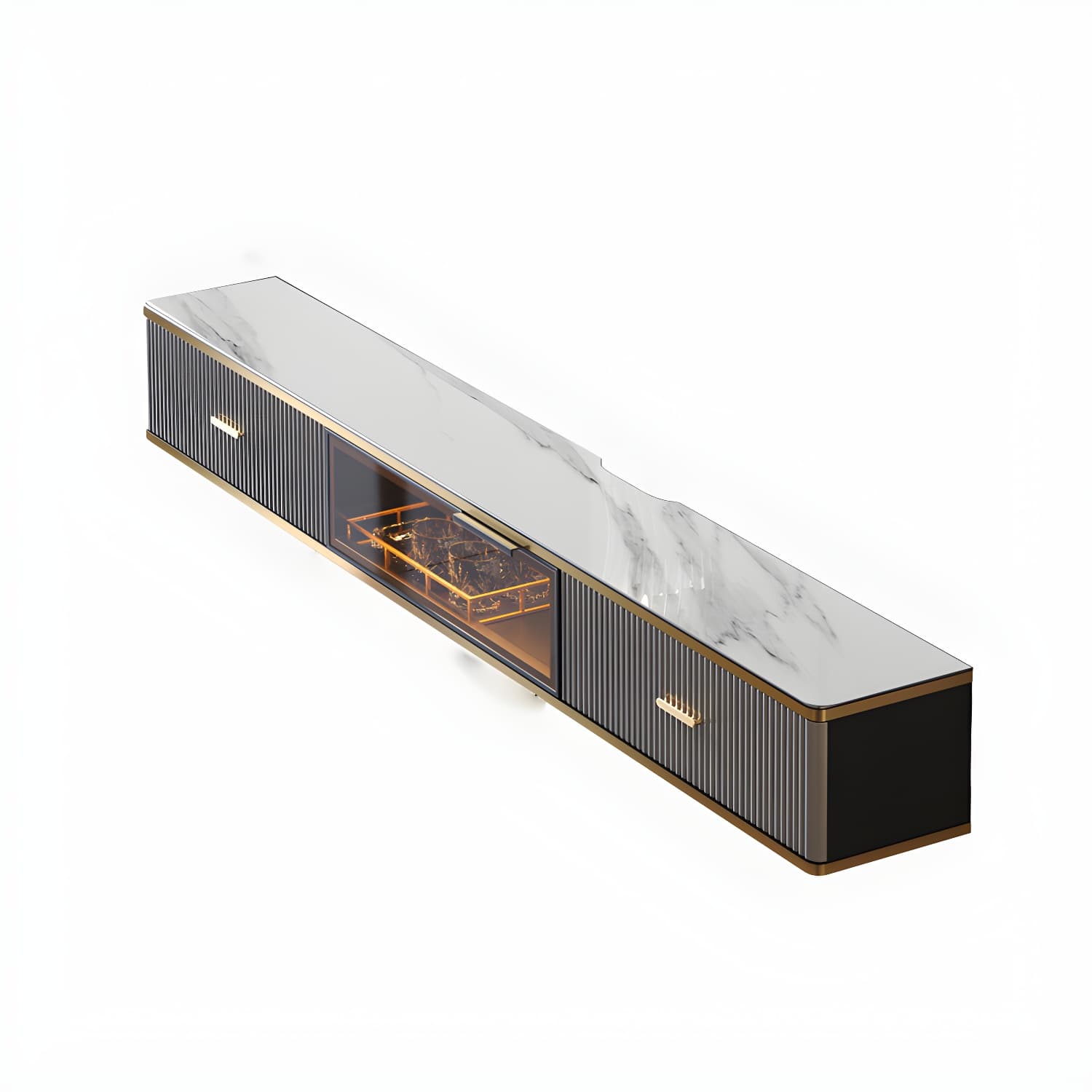 Glam Floating TV Media Stand with Drawers Stone and Wood TV Stand thumbnail 8