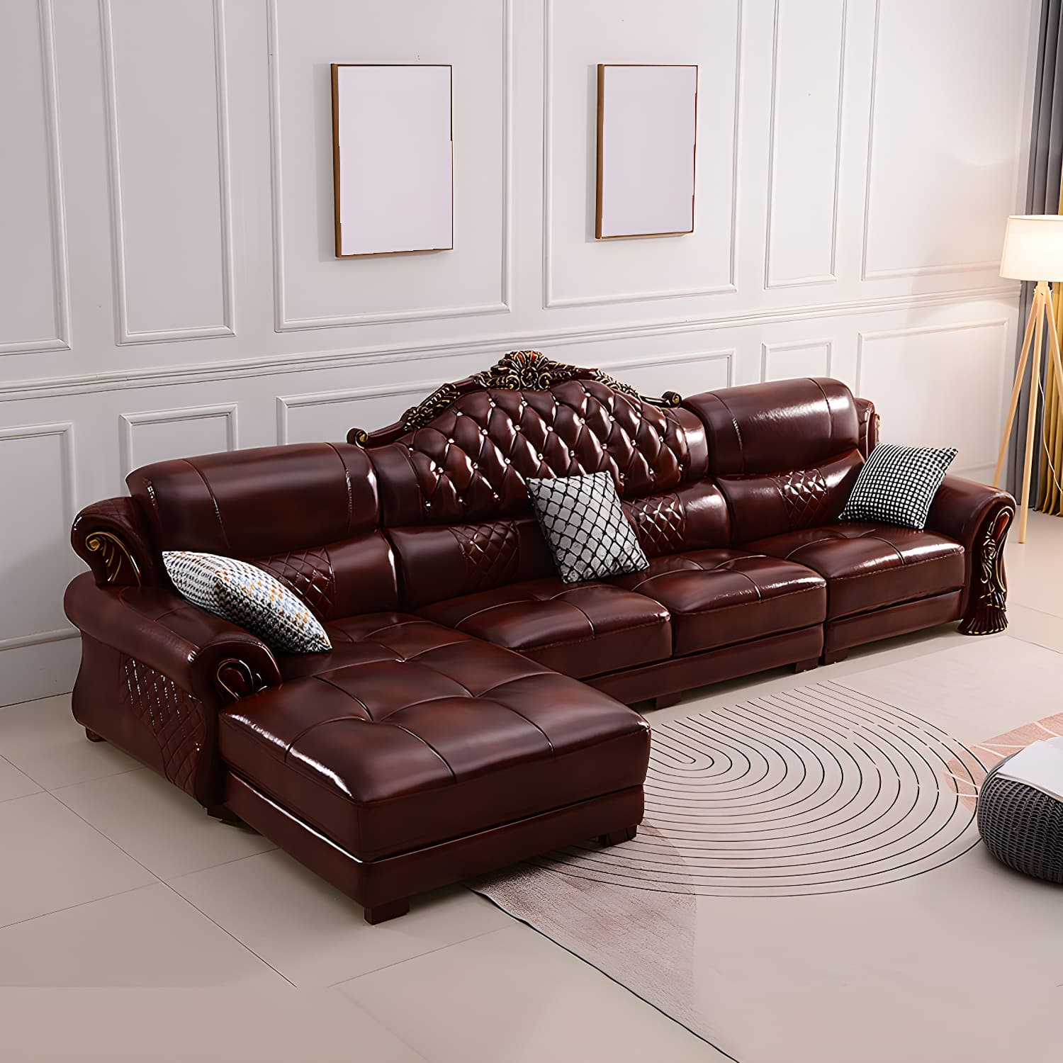 Genuine Leather Rolled Arm Sectional 36.22"High Camel Back Sofa, Dark Brown thumbnail 3