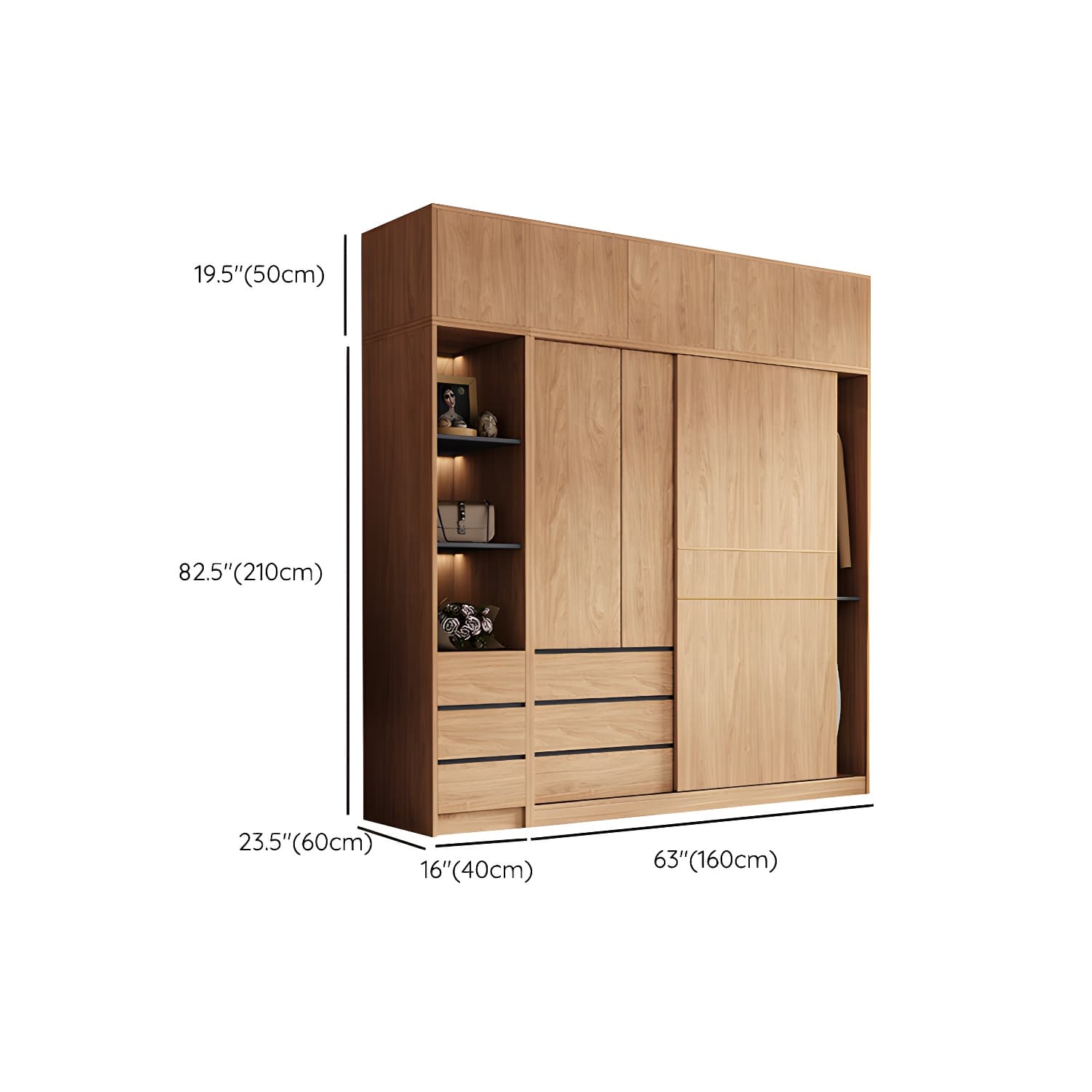 Natural Finish Wardrobe Armoire Sliding Wardrobe Cabinet with Drawer thumbnail 26
