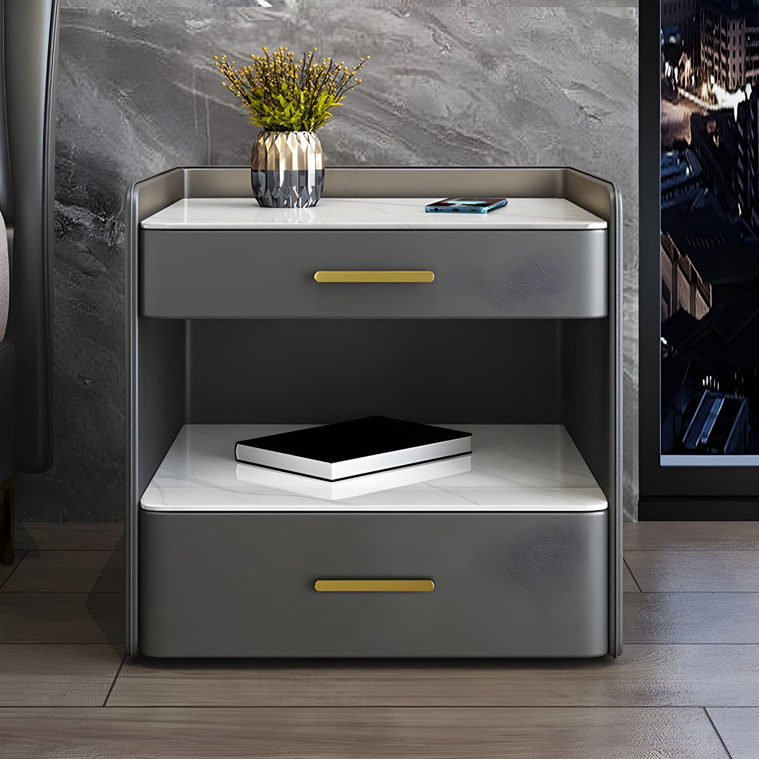 Stone Bed Nightstand Open Storage Bedside Cabinet with Drawers thumbnail 3