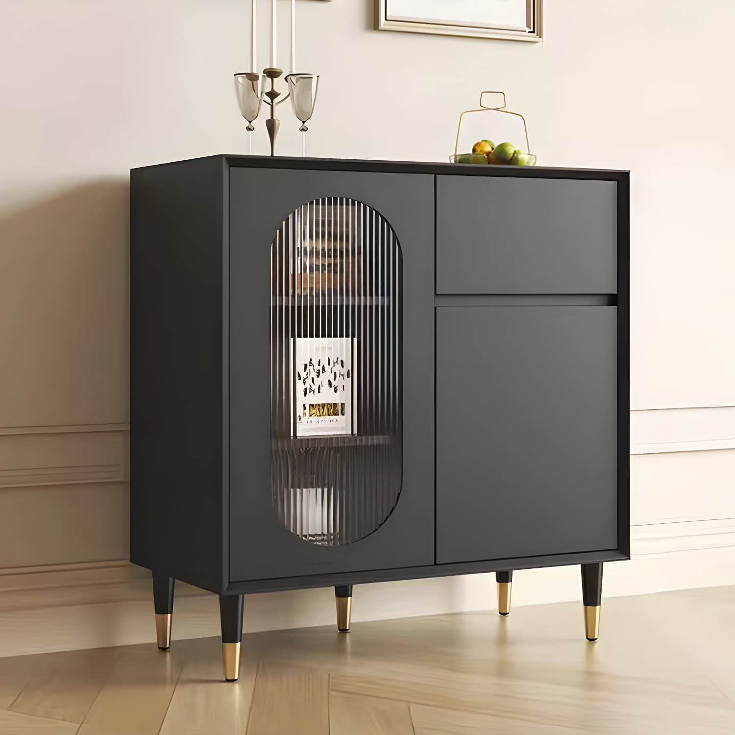 Wood Glam Sideboard Credenza with Glass Doors and Drawers, 40cm Overall Width, 85cm Overall Height