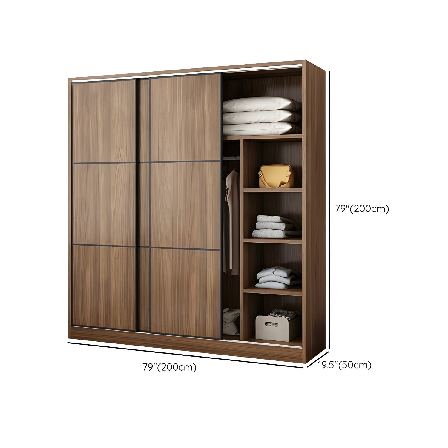 Non-Adjustable Traditional Brown Wood Wardrobe Armoire with Sliding Doors & Soft Close Drawers thumbnail 14