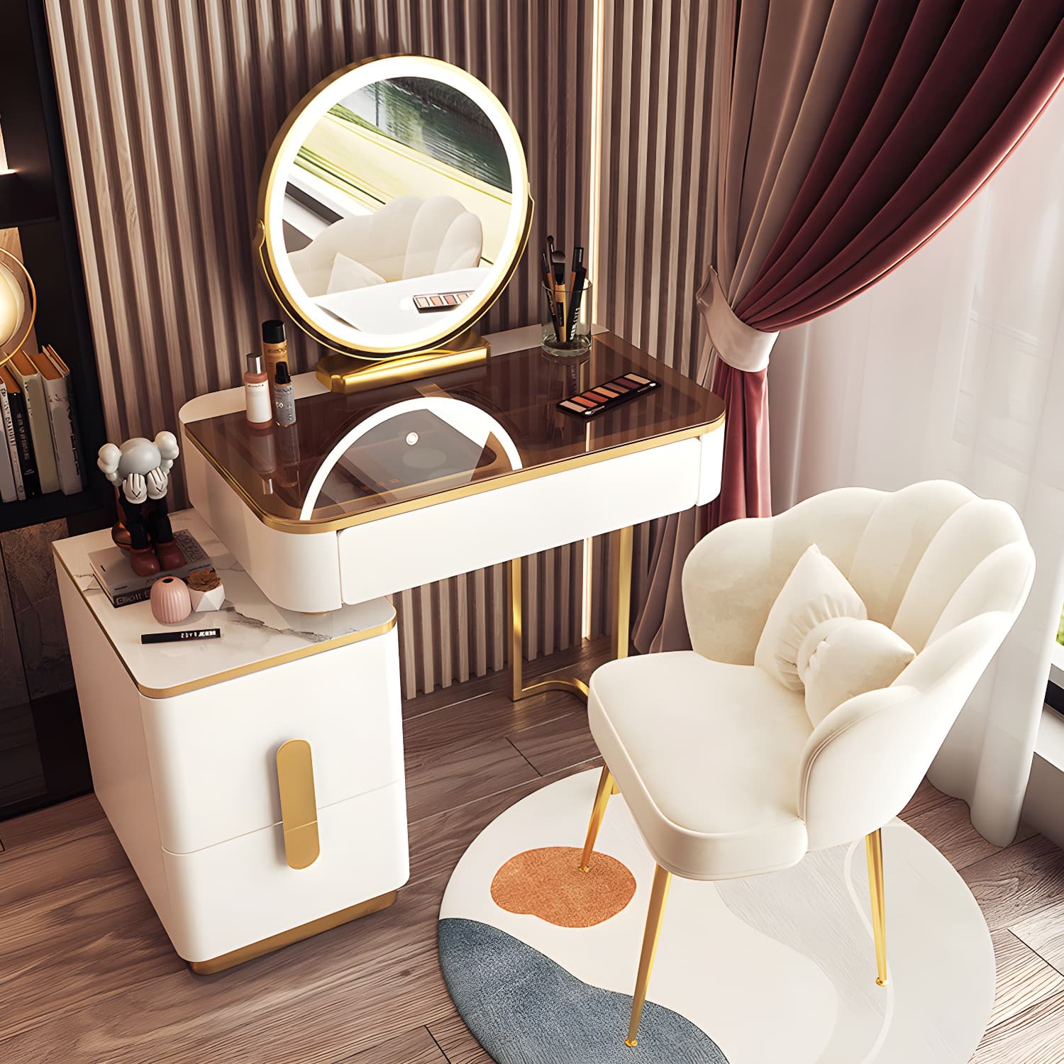 Glass Top Make-up Vanity Wood Dressing Table with Storage Drawers thumbnail 2