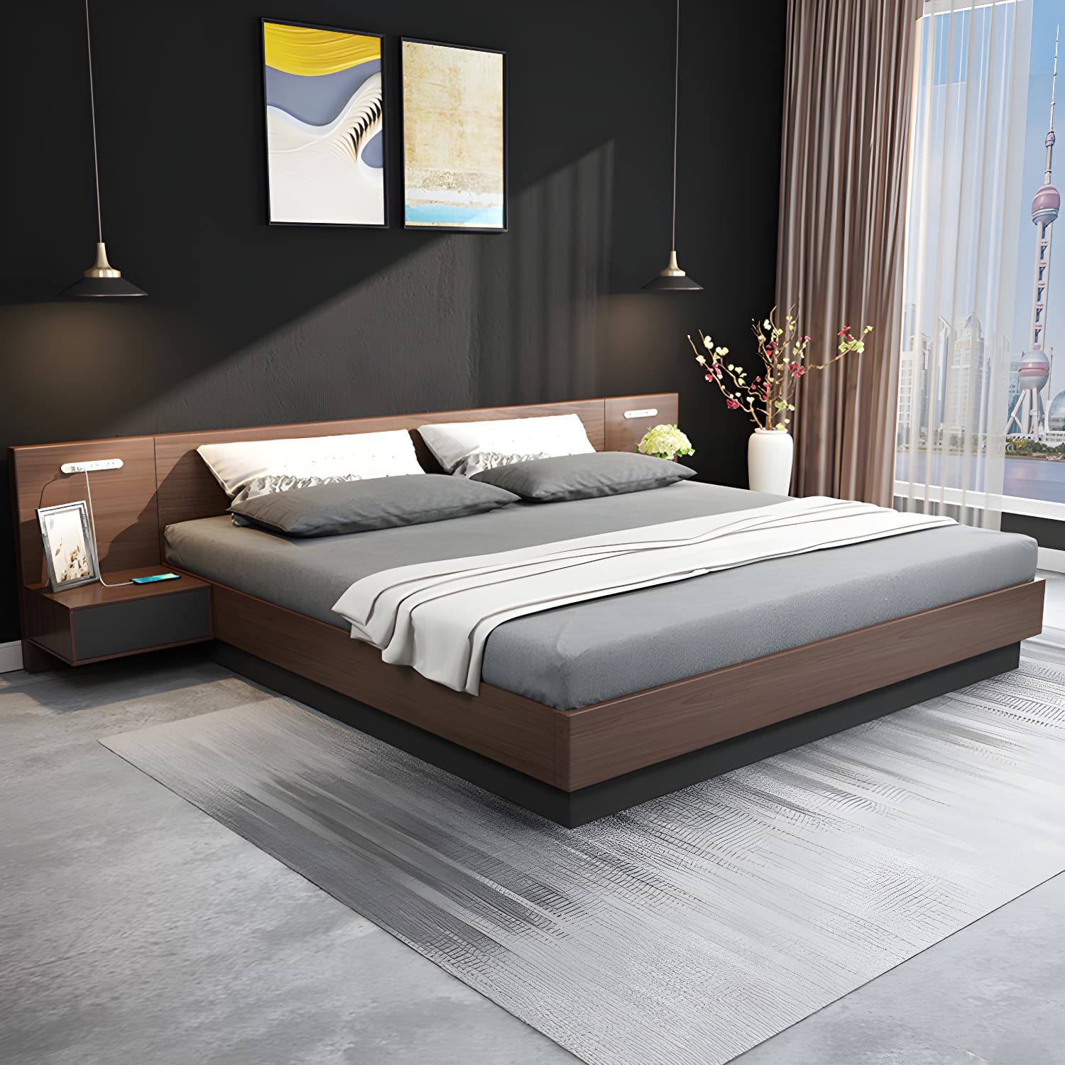 Lift Up Storage Platform Bed Contemporary Platform Bed Frame with Headboard thumbnail 5