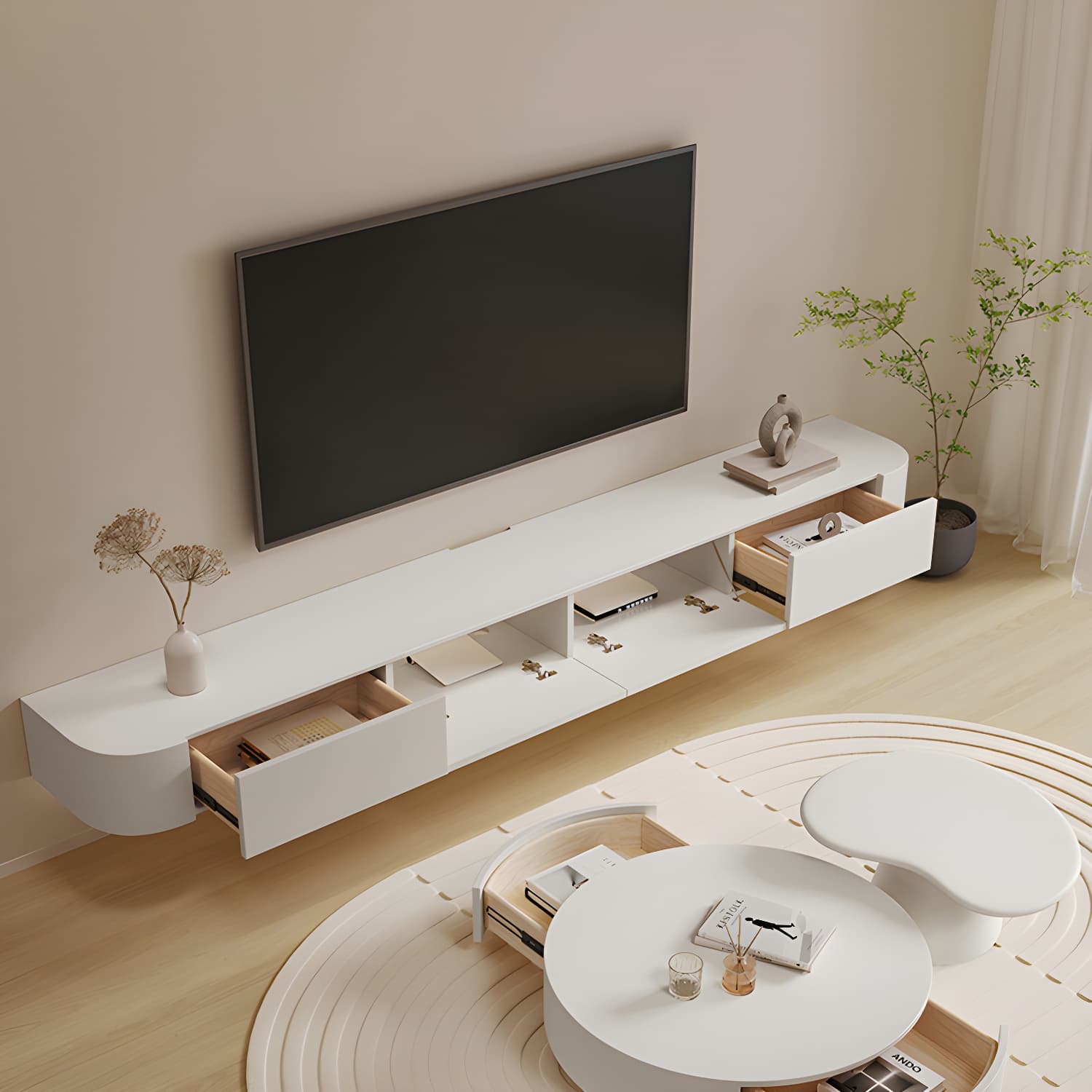 White Wall-mounted Media Stand with Drawers Contemporary TV Console, Faux Wood thumbnail 11