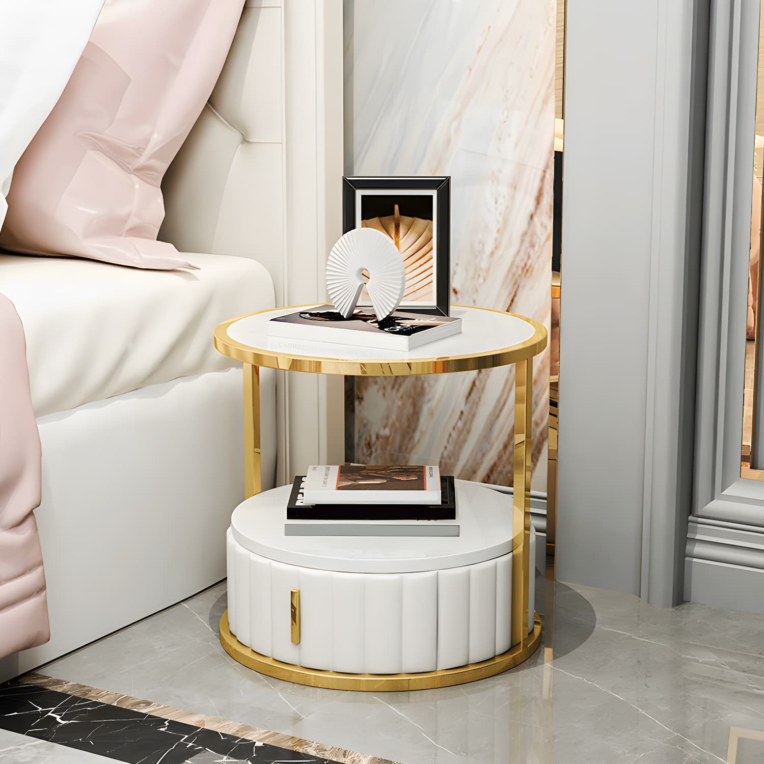 Modern Open Storage Nightstand Stone Top 20 Inch Tall 1-Drawer Night Table thumbnail 3