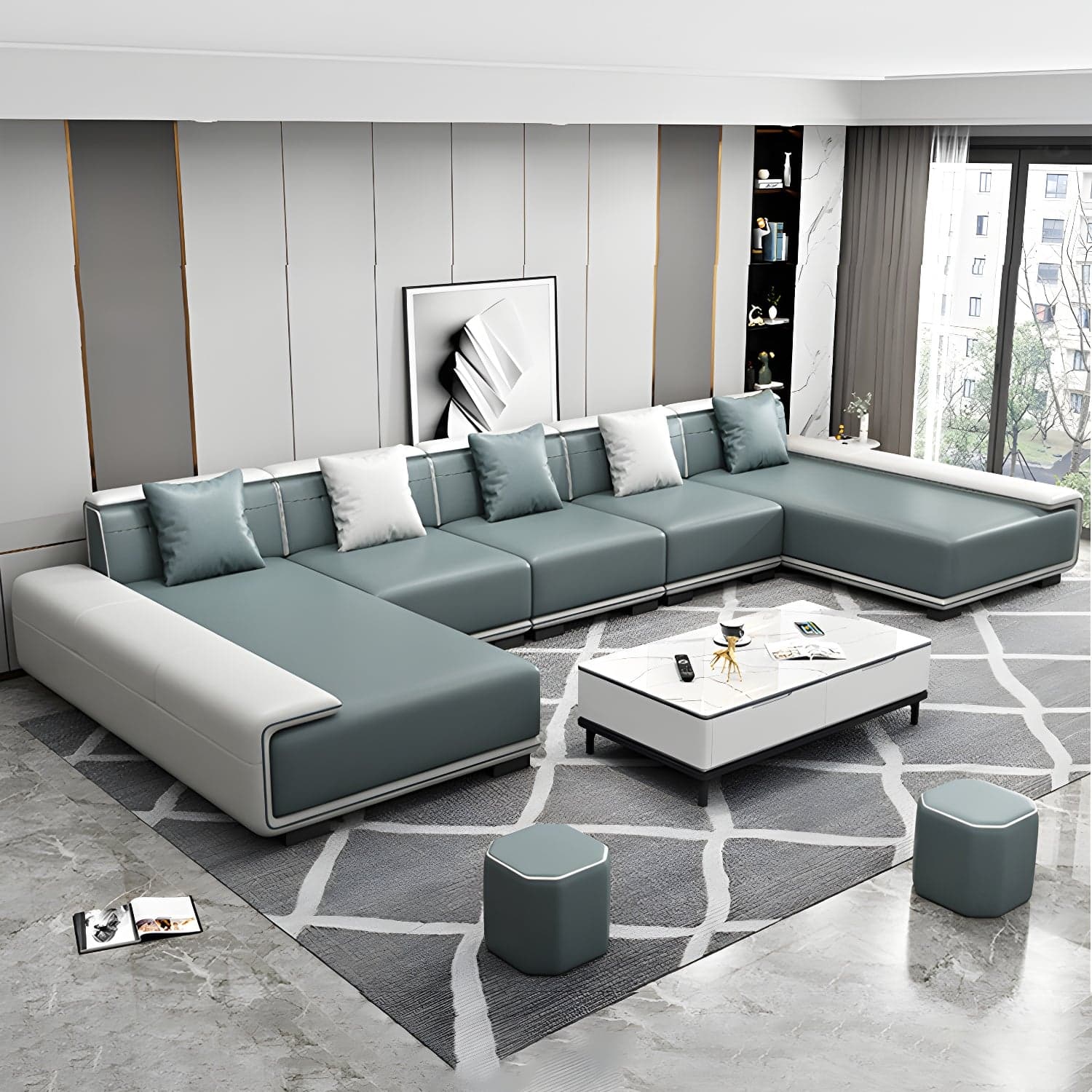 Faux Leather Sofa & Chaise with Pillows Modern U Sofa in Gray - 29.53" H thumbnail 6