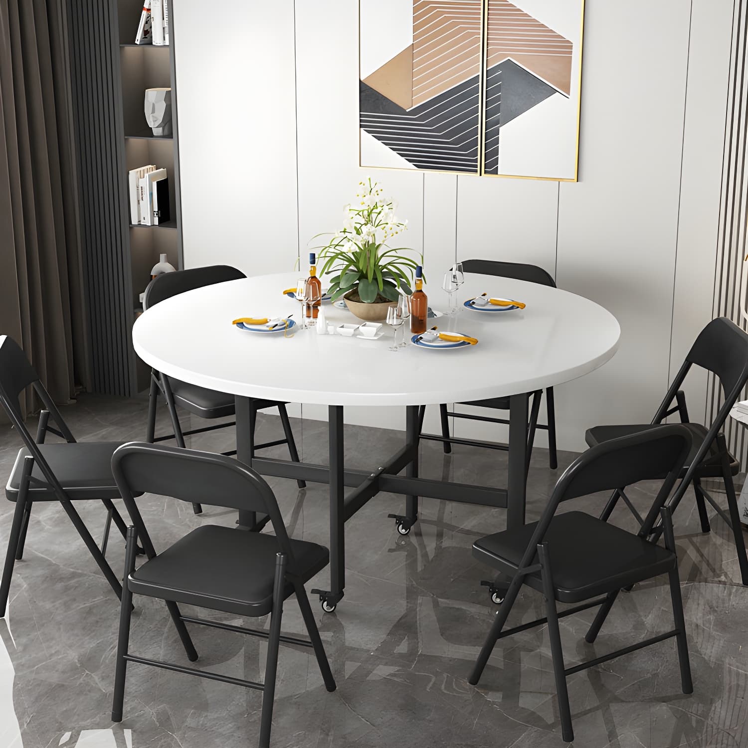 Modern Foldable Dining Table Round Wood Tabletop with Metal Legs thumbnail 14