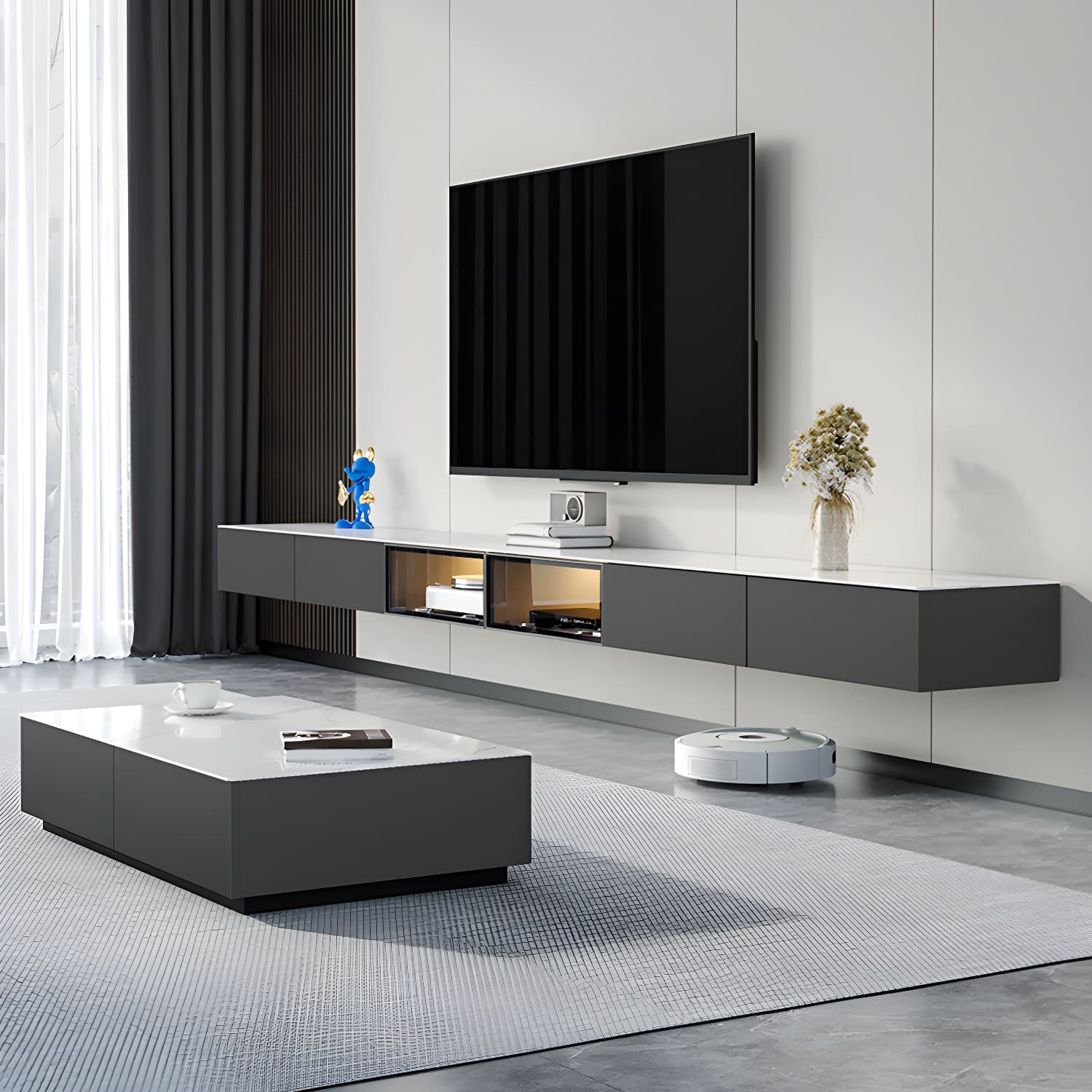 Modern Wall-mounted TV Media Stand Slate Top Wood Frame with Storage thumbnail 3