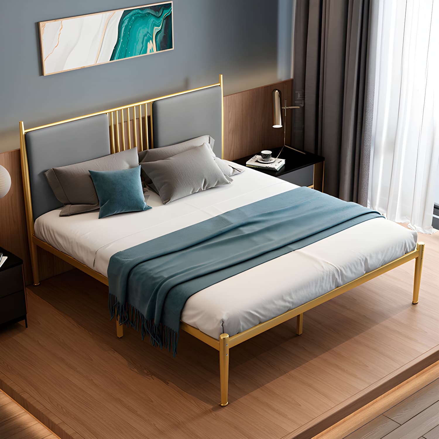Golden Metal Bed Frame Set Glam 47.24" H Wire-Grid Open-Frame Bed with Headboard thumbnail 5