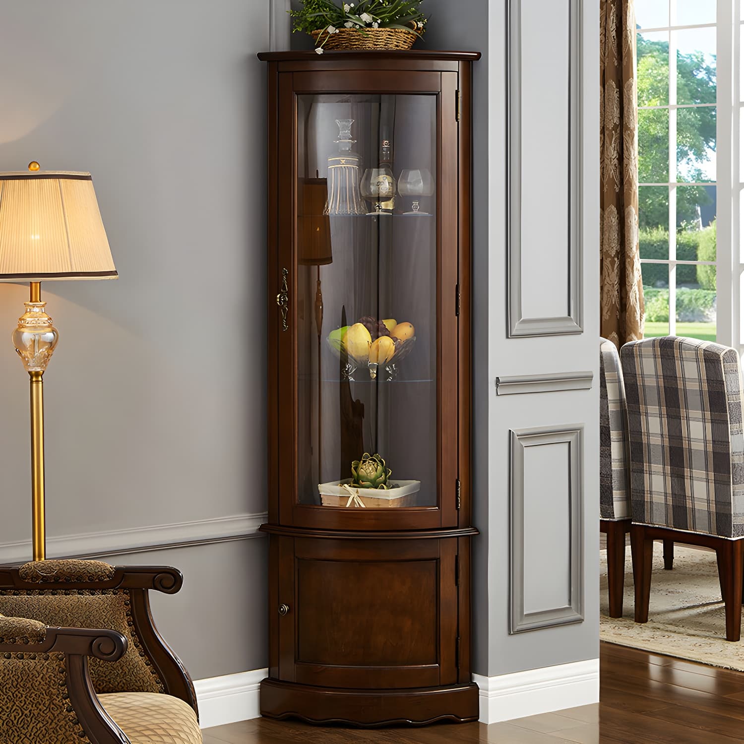 Industrial Triangle Accent Cabinet Solid Wood Storage Cabinet with Glass Doors thumbnail 3