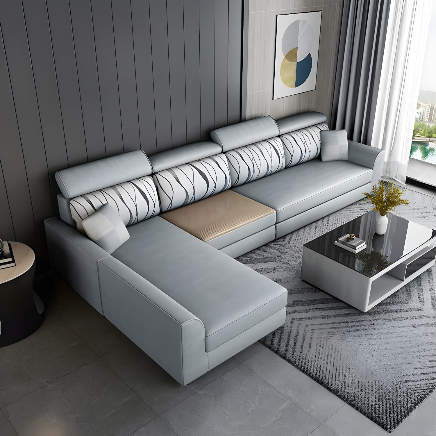 Modern L-Shape Reversible Wood Frame Sectional Sofa Chaise Set thumbnail 7