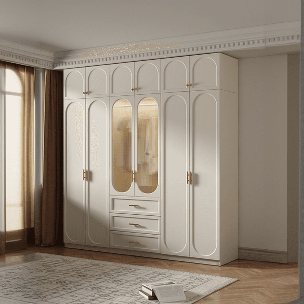 Chalk Simple Lumber Independent Wardrobe Closet with Soft Close Drawer, Interior Shelves, and Clothing Rod