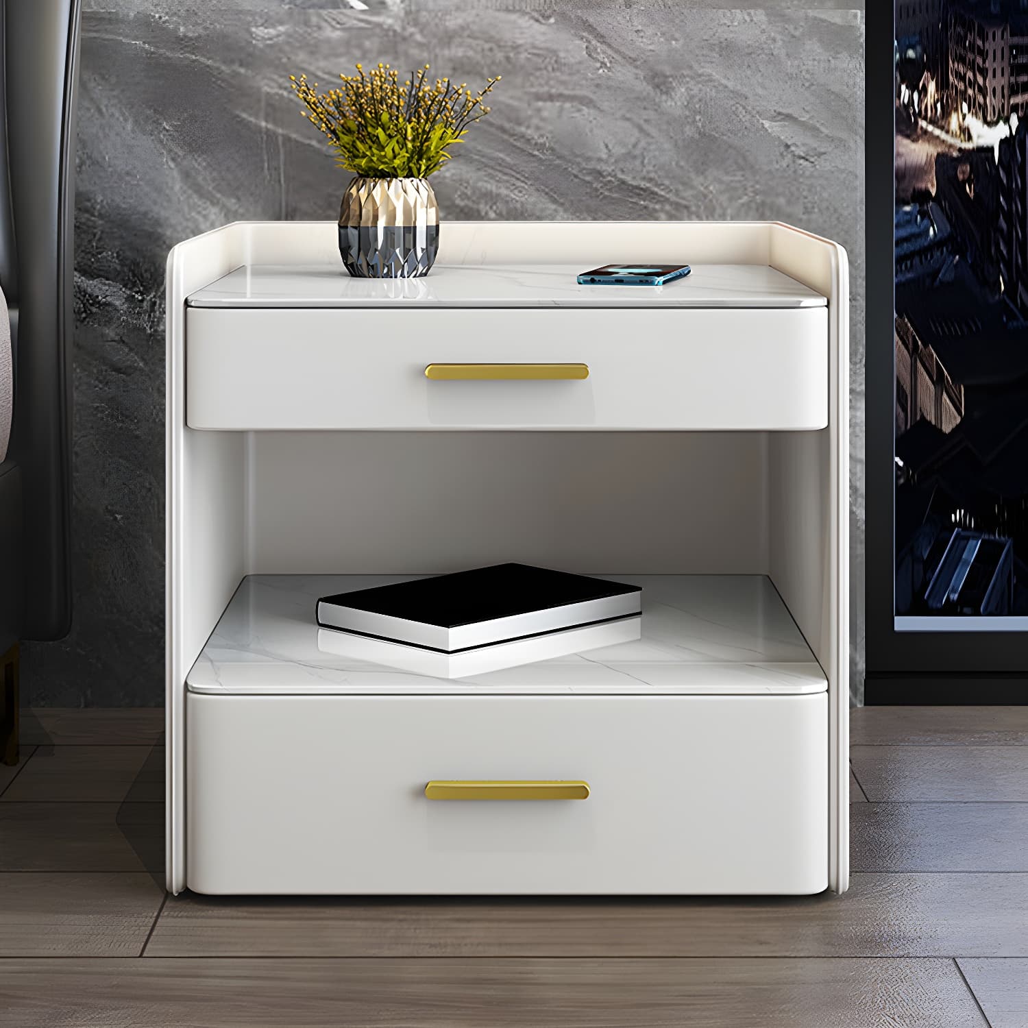 Stone Bed Nightstand Open Storage Bedside Cabinet with Drawers thumbnail 5