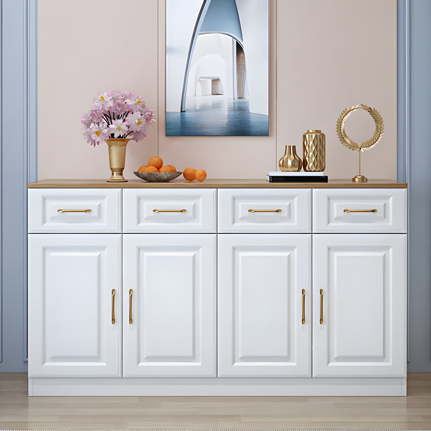 Modern Wood Buffet Sideboard with Cabinets, Drawers, and Shelves - No Distressing thumbnail 5