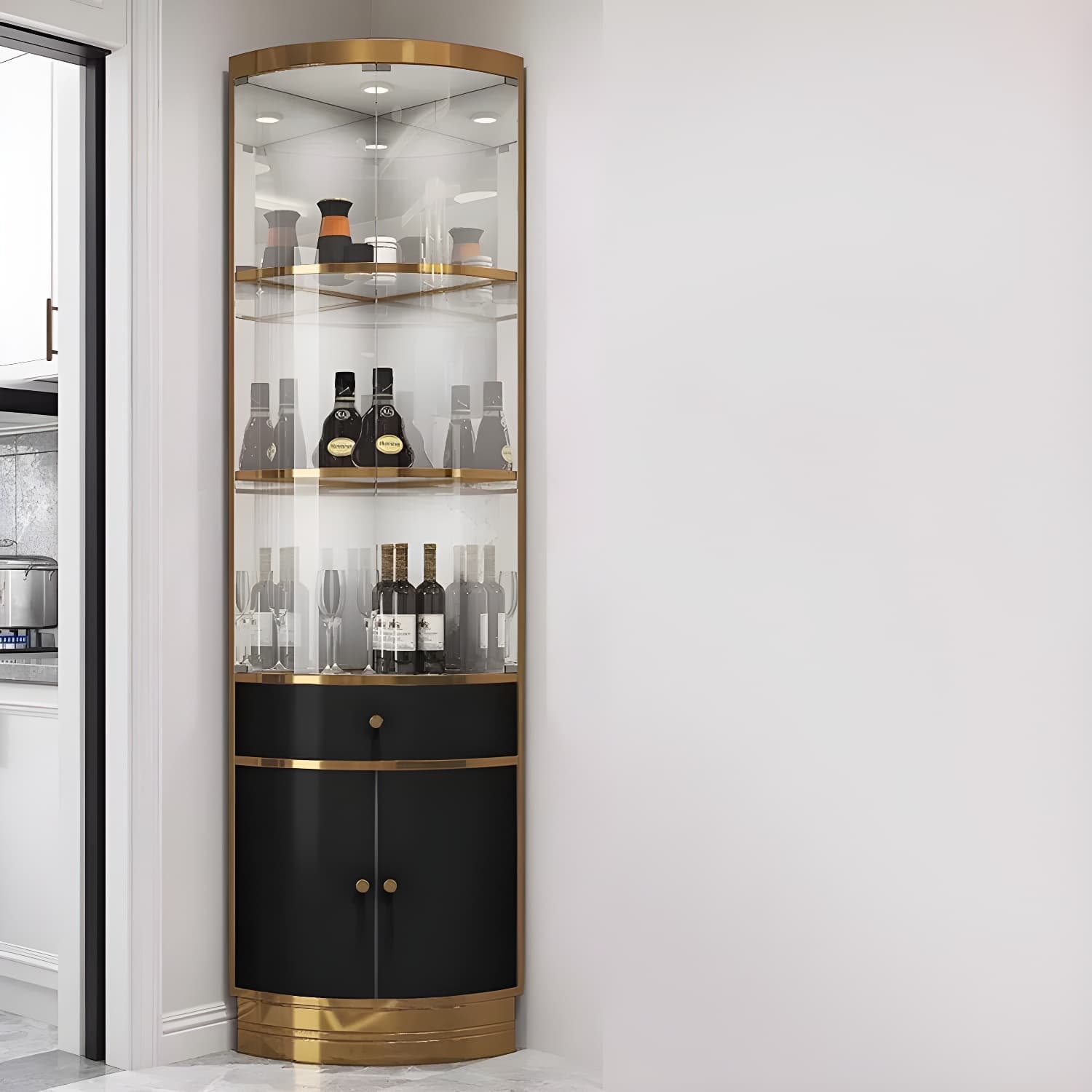 Corner Modern Accent Cabinet with Wood Counter Top, Glass Doors, and Metal Base thumbnail 6