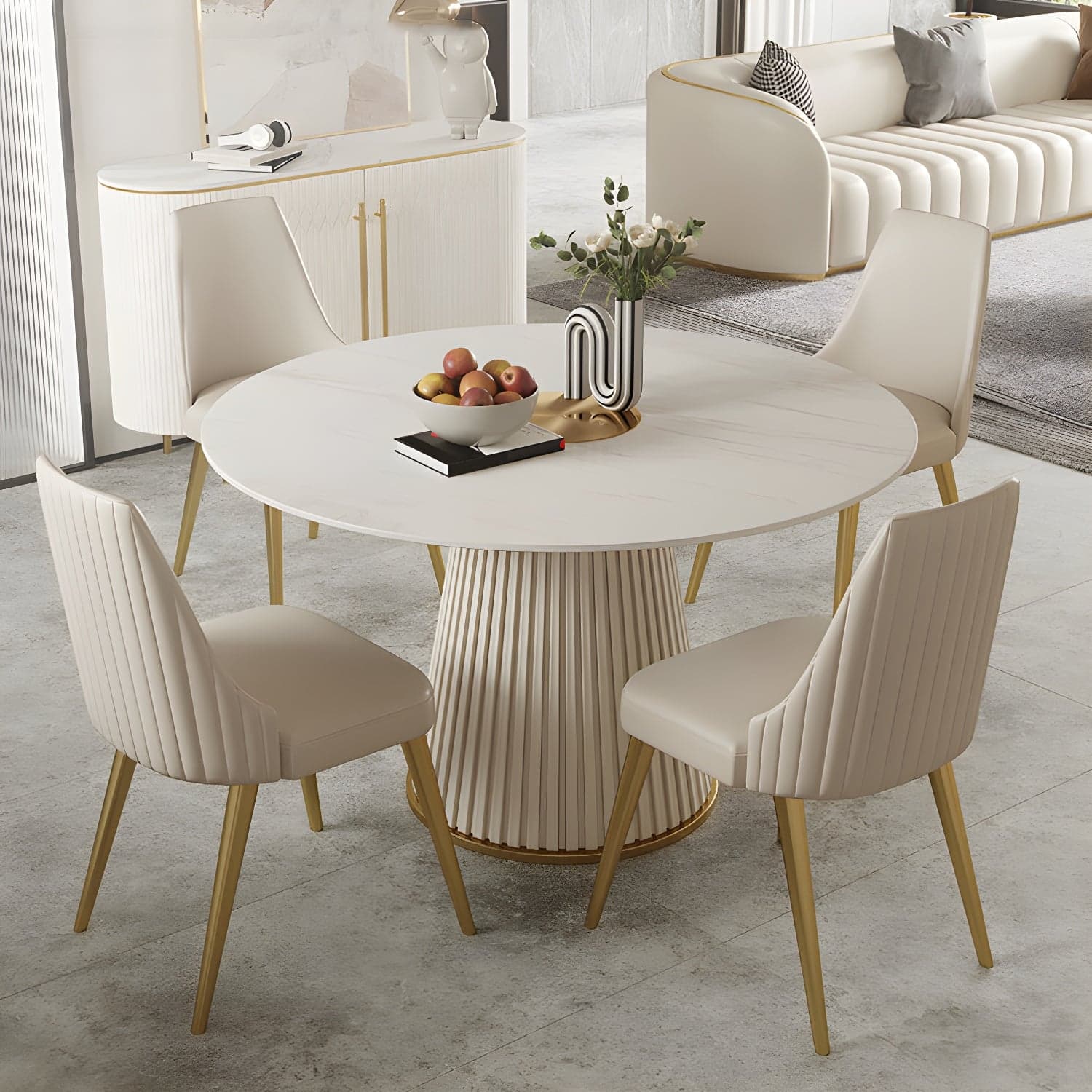 Stone Top Dining Table Round Table with Wood Pedestal Base in White thumbnail 4