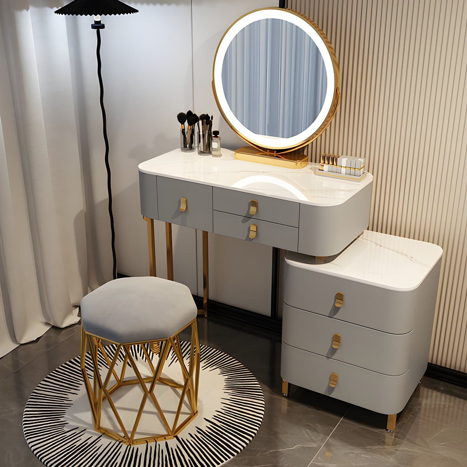 Contemporary Make-up Vanity with Stone Top and Storage Drawers thumbnail 1
