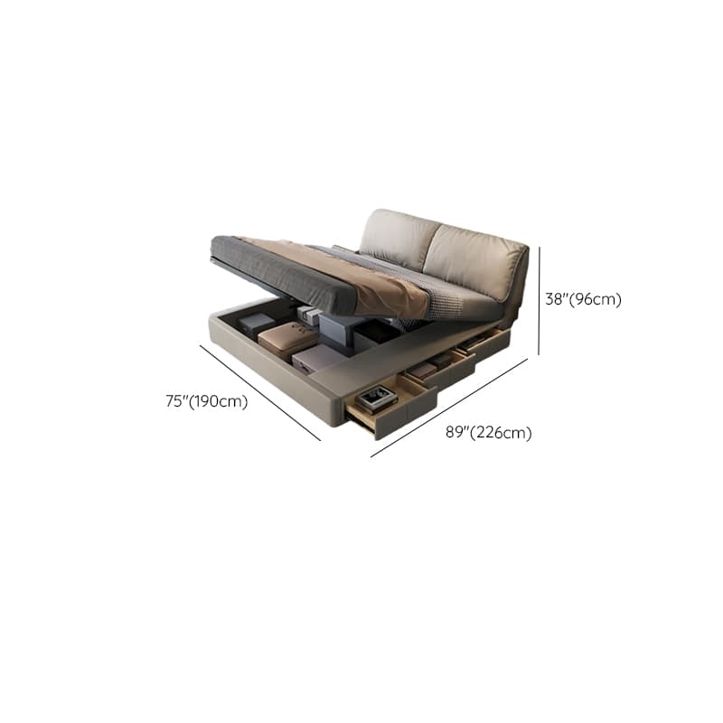 Grey Storage Included Panel Bed with 3 Storage Boxes, Natural Wood Frame, Panel Headboard, and Sponge Upholstery thumbnail 11