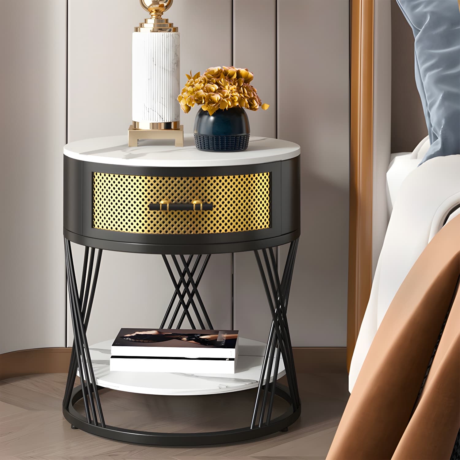 Glam Stone Top Night Table Open Storage 1-Drawer Metal Legs Included Nightstand thumbnail 11