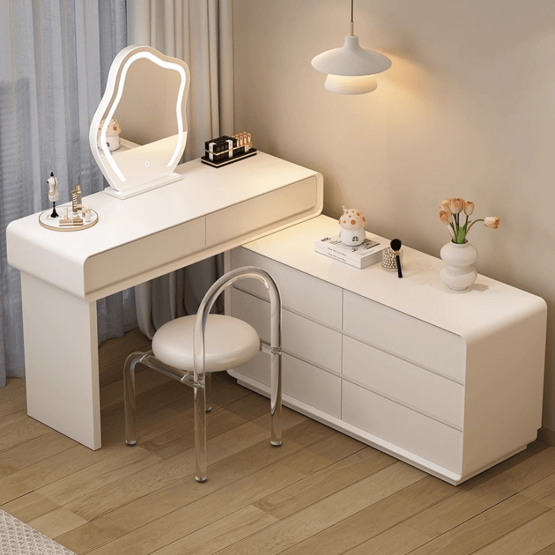 Simplistic Large Vanity Set with Lumber Table Top, White Seat, 8 Drawers, and Mirror Lights thumbnail 1