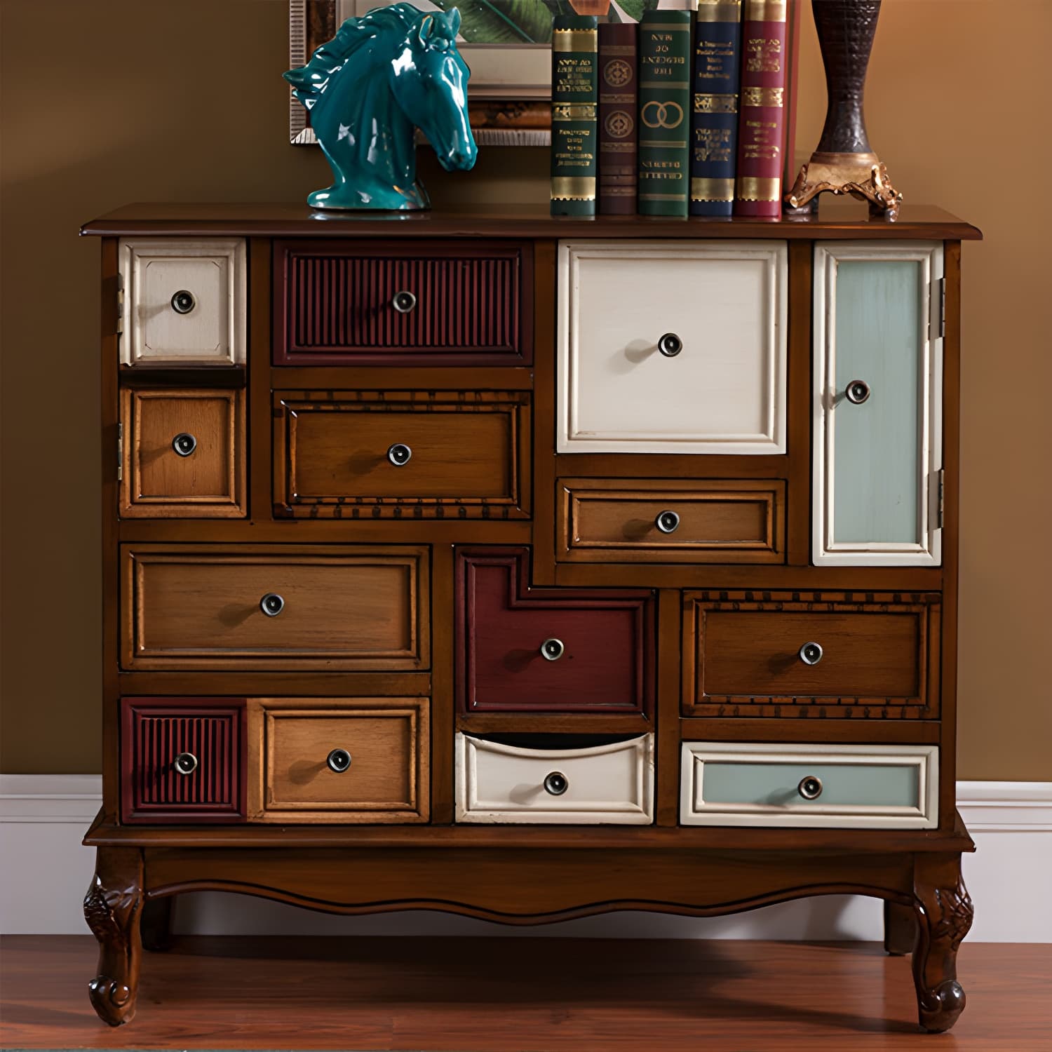 Industrial Painted Accent Cabinet with Drawers Solid Wood Chest thumbnail 19