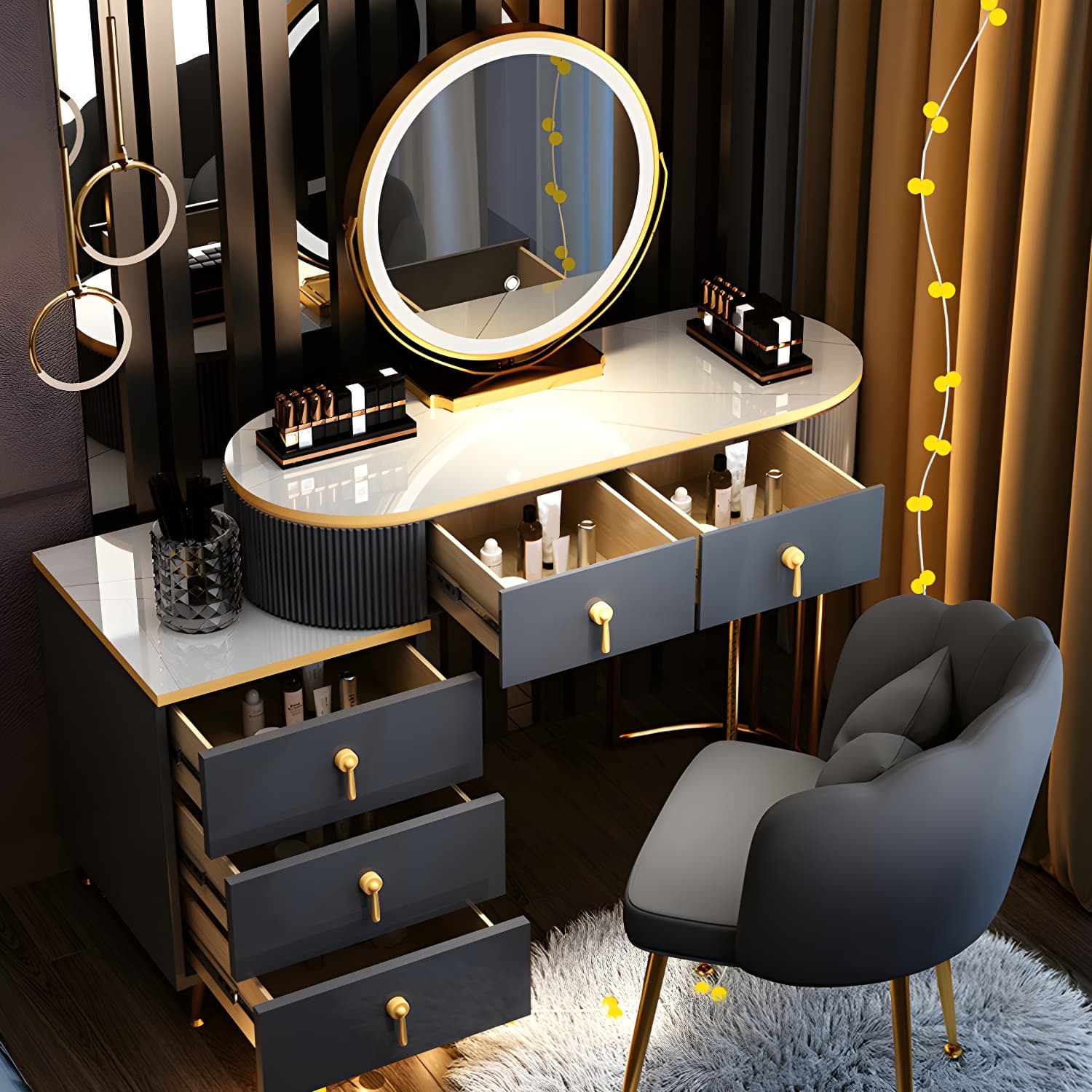 Contemporary Vanity Makeup Dressing Table Stool Set with Storage Drawers thumbnail 6
