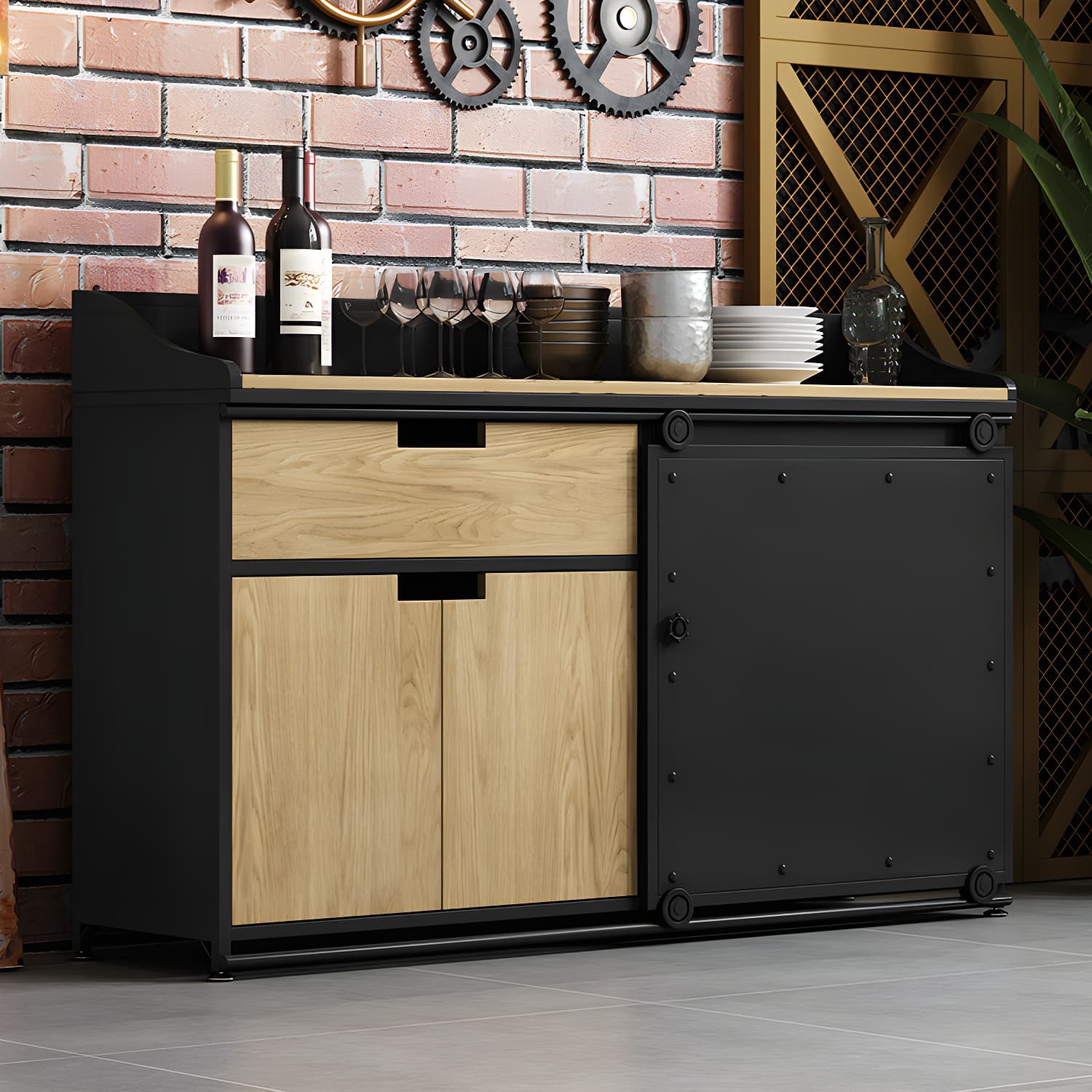 Modern Metal Sideboard with Wood Countertop, Cabinets, and Drawers - image 6