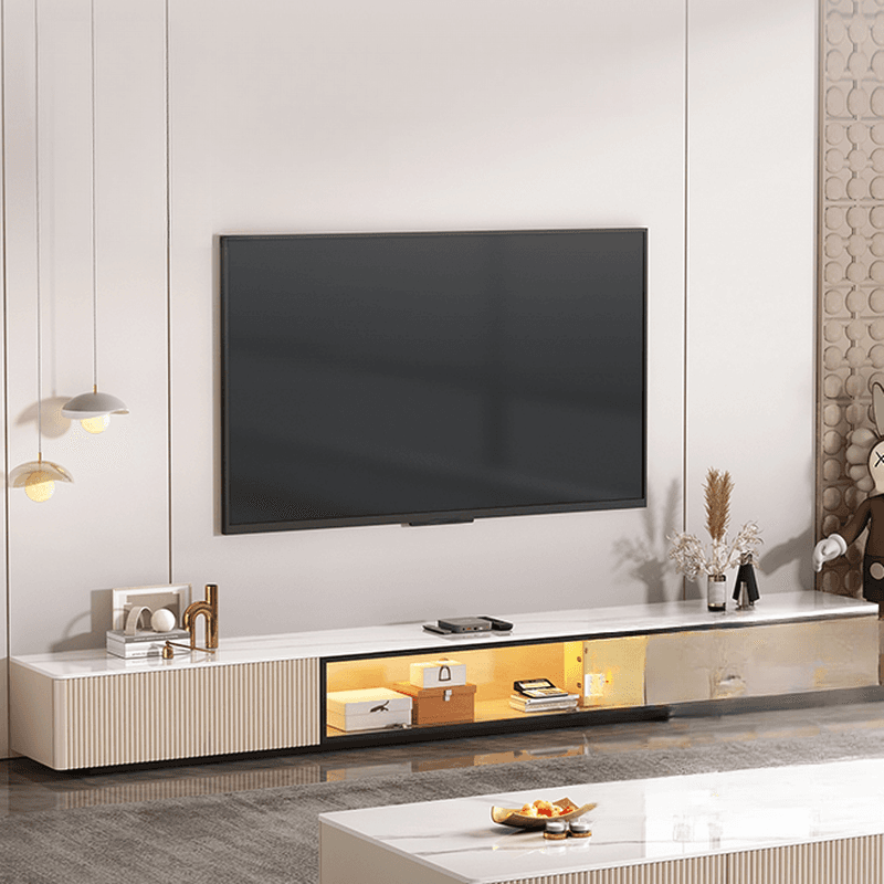 Art Deco Sintered Stone Rectangular TV Stand with 2 Drawers, Hutch, Cable Management, and Light thumbnail 6