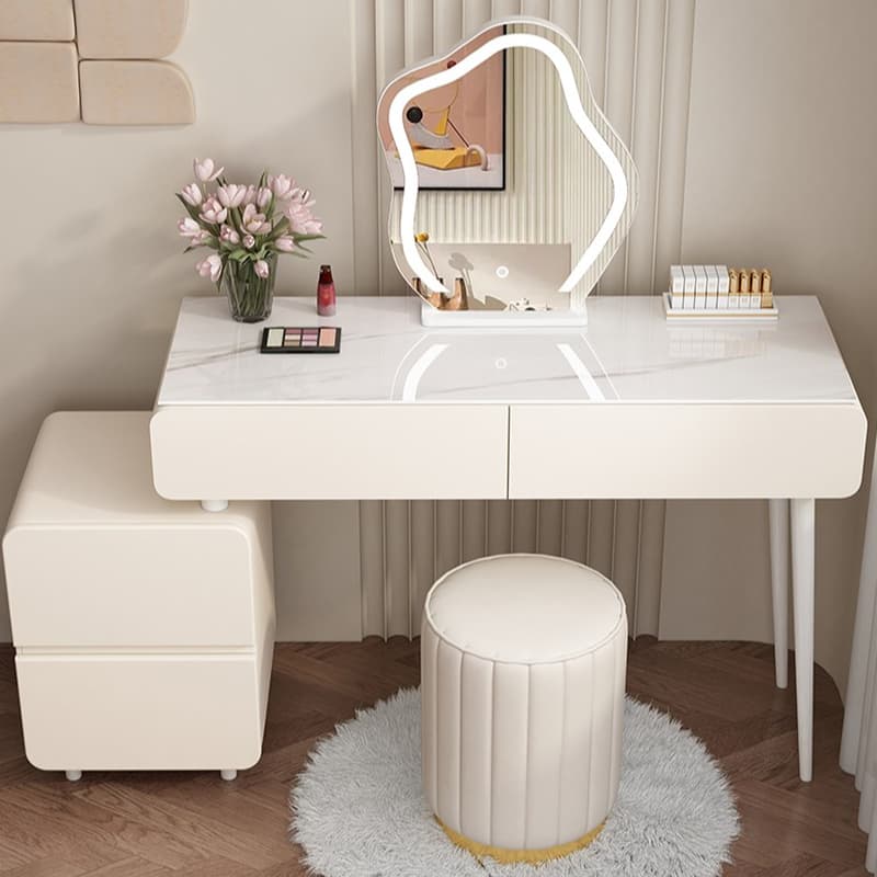 Simplistic Large/Standard Vanity Set with Stone Table Top, White Seat, 4 Drawers, and Mirror Lights thumbnail 1
