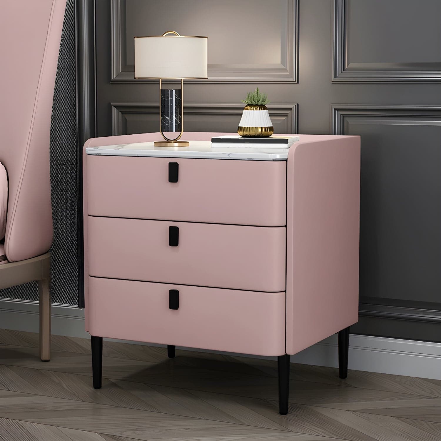 Glam Style Sintered Stone Top Drawer Storage Nightstand for Bedroom thumbnail 17