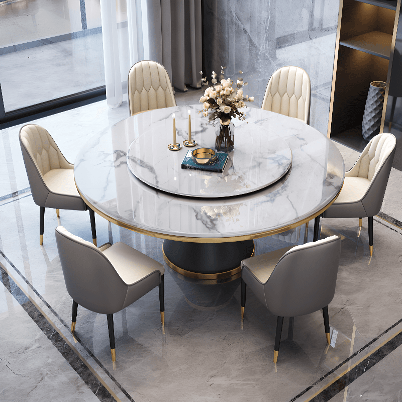 Circular Slate Dining Table Set with Pedestal Base, Upholstered Swivel Chairs, and Upholstered Back thumbnail 3