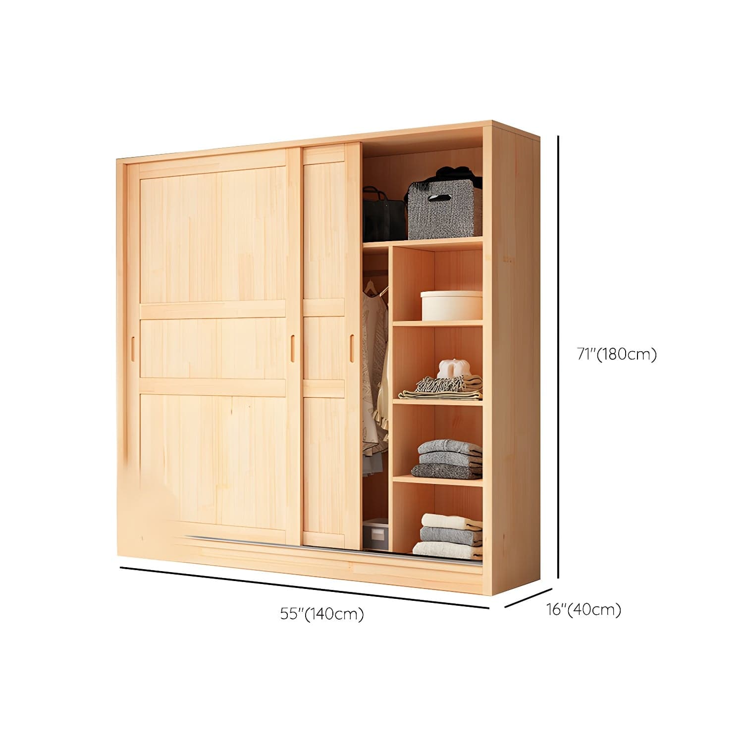 Natural Pine Solid Wood Wardrobe Freestanding Wardrobe with Sliding Doors - image 14