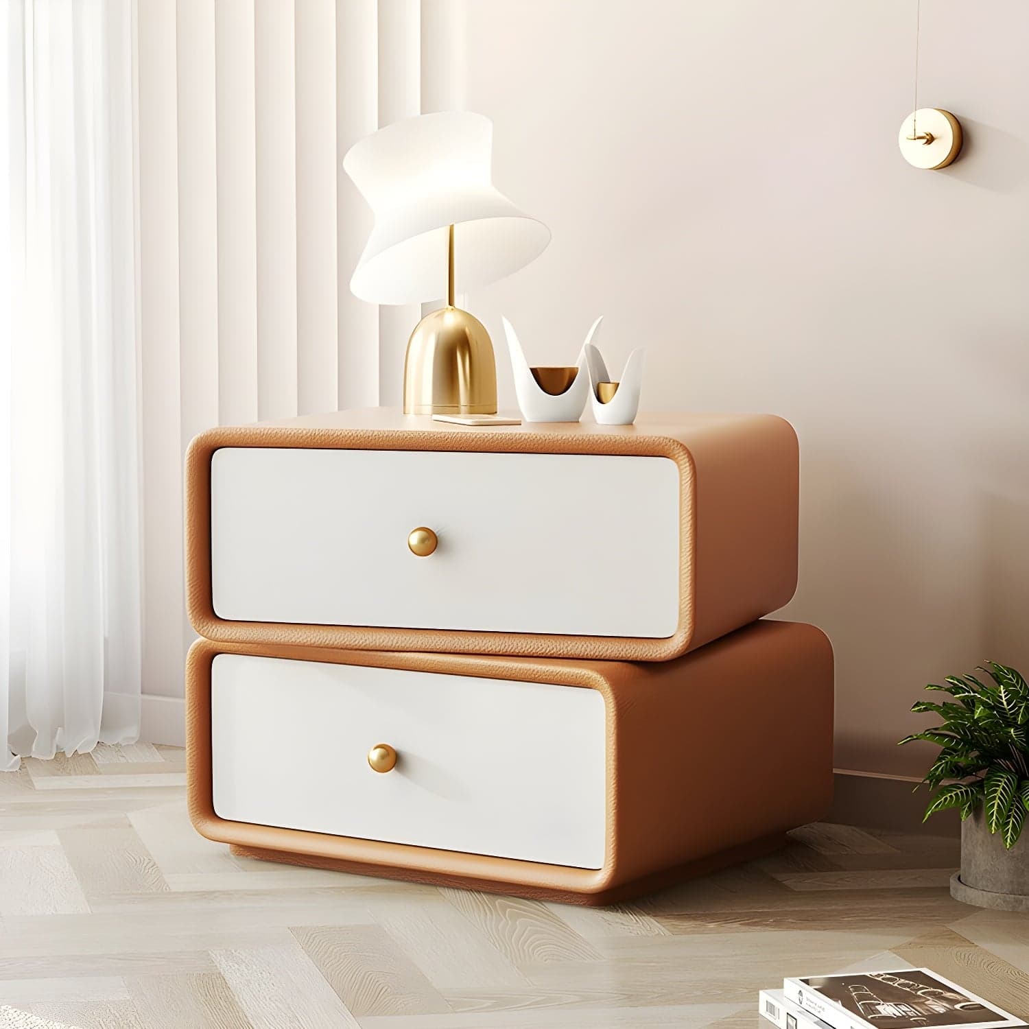 Modern Wood Nightstand with 2 Drawers - Faux Leather Countertop - Small and Stylish thumbnail 3