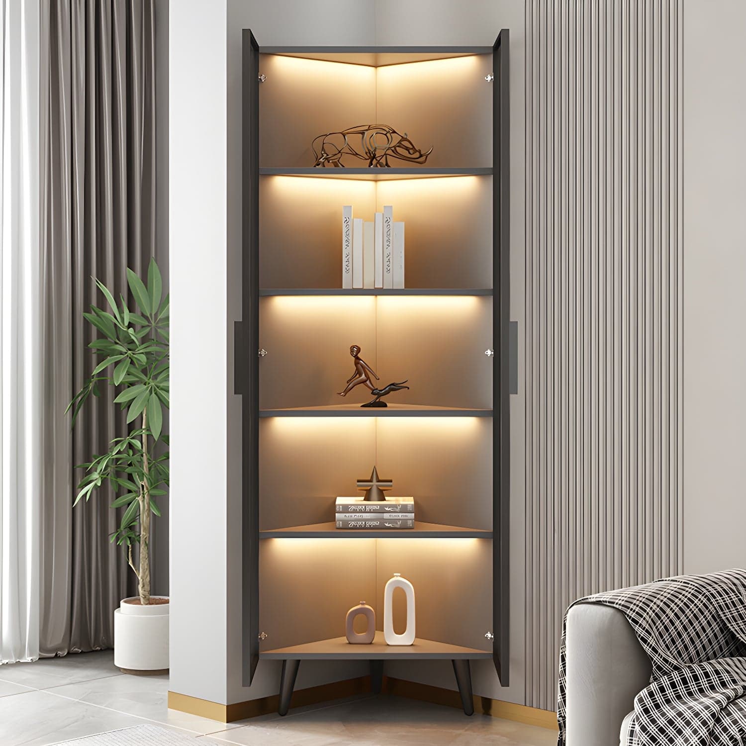 Corner Modern Accent Cabinet with Black Metal Base and Glass Doors, Black Wood Counter Top thumbnail 9