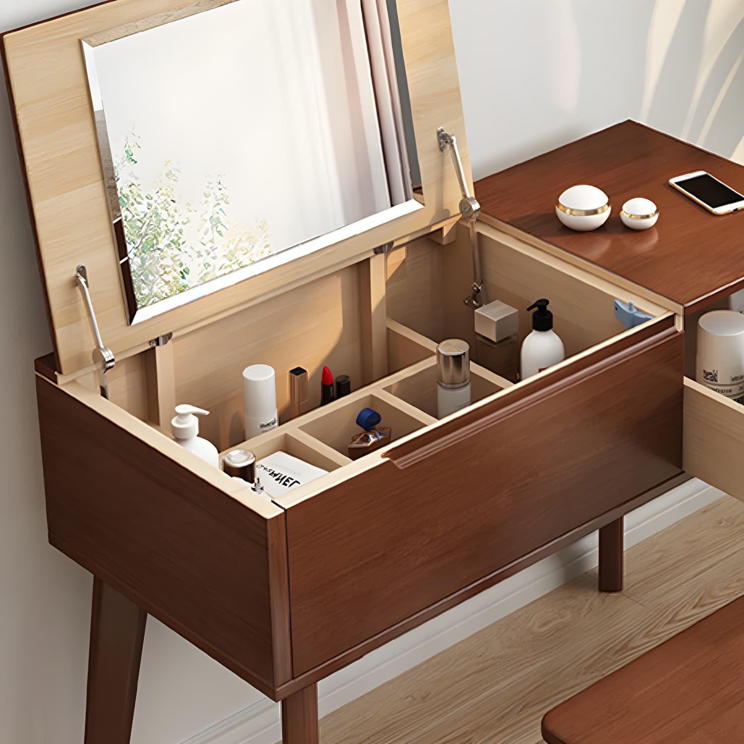 Scandinavian 29.52" Height Solid Wood Table Makeup Vanity with Mirror thumbnail 12