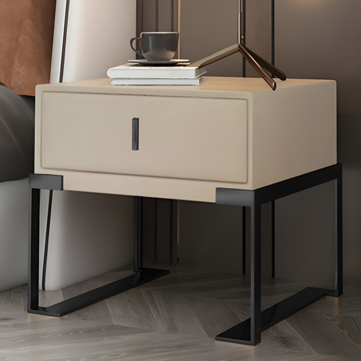 Leather 1 Drawer Nightstand Contemporary Night Table with Metal Legs thumbnail 1
