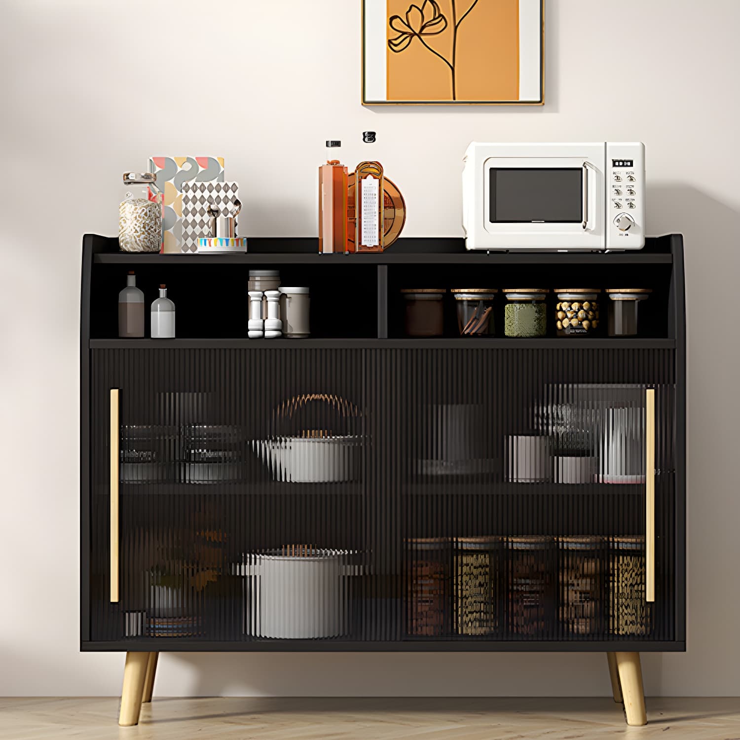 Scandinavian Wood Sideboard Credenza with Acrylic Doors and Cabinet Storage thumbnail 8