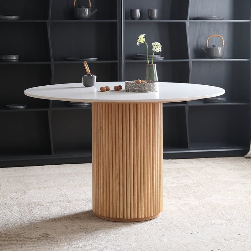 Fixed Rounded Dining Table for 4/2 People/Seats 6 with Ribbed Leg and a Slate/Wooden Tabletop in Natural/Chalk in a Nordic Style thumbnail 3