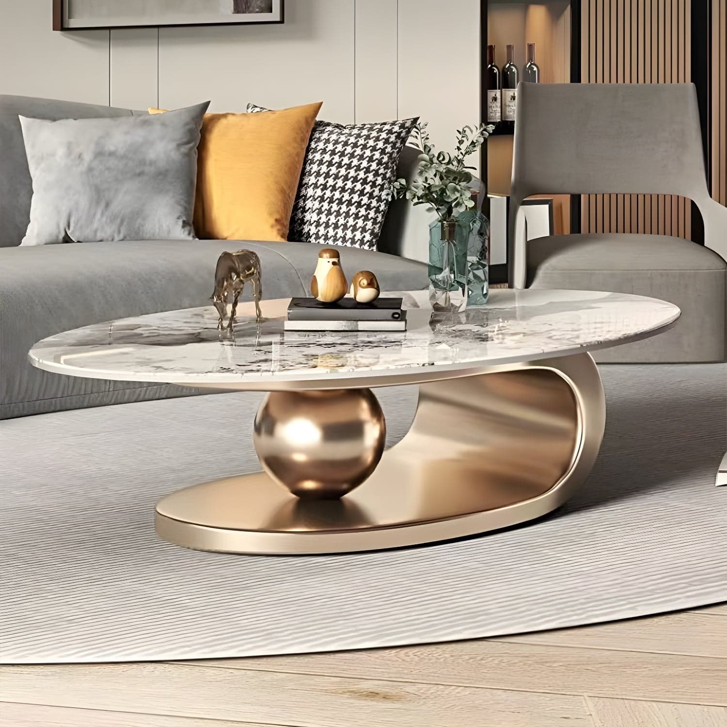 Glam Stone Coffee Table - Beige Oval Shape with Abstract Stainless Steel Base and Scratch Resistant thumbnail 2